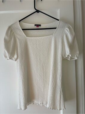 Vince Camuto White Textured Square Neck Puff Sleeve Top